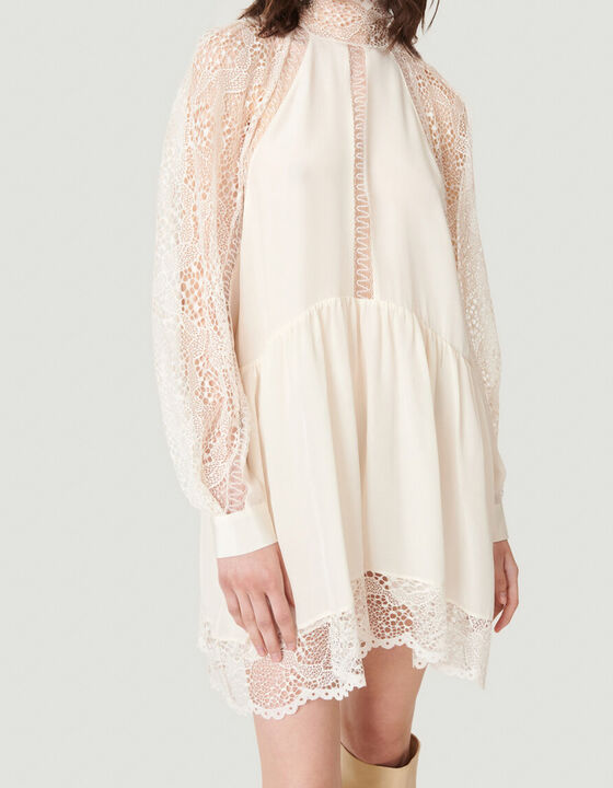 DEORRO LACE PUFF SLEEVE HIGH NECK MINI DRESS